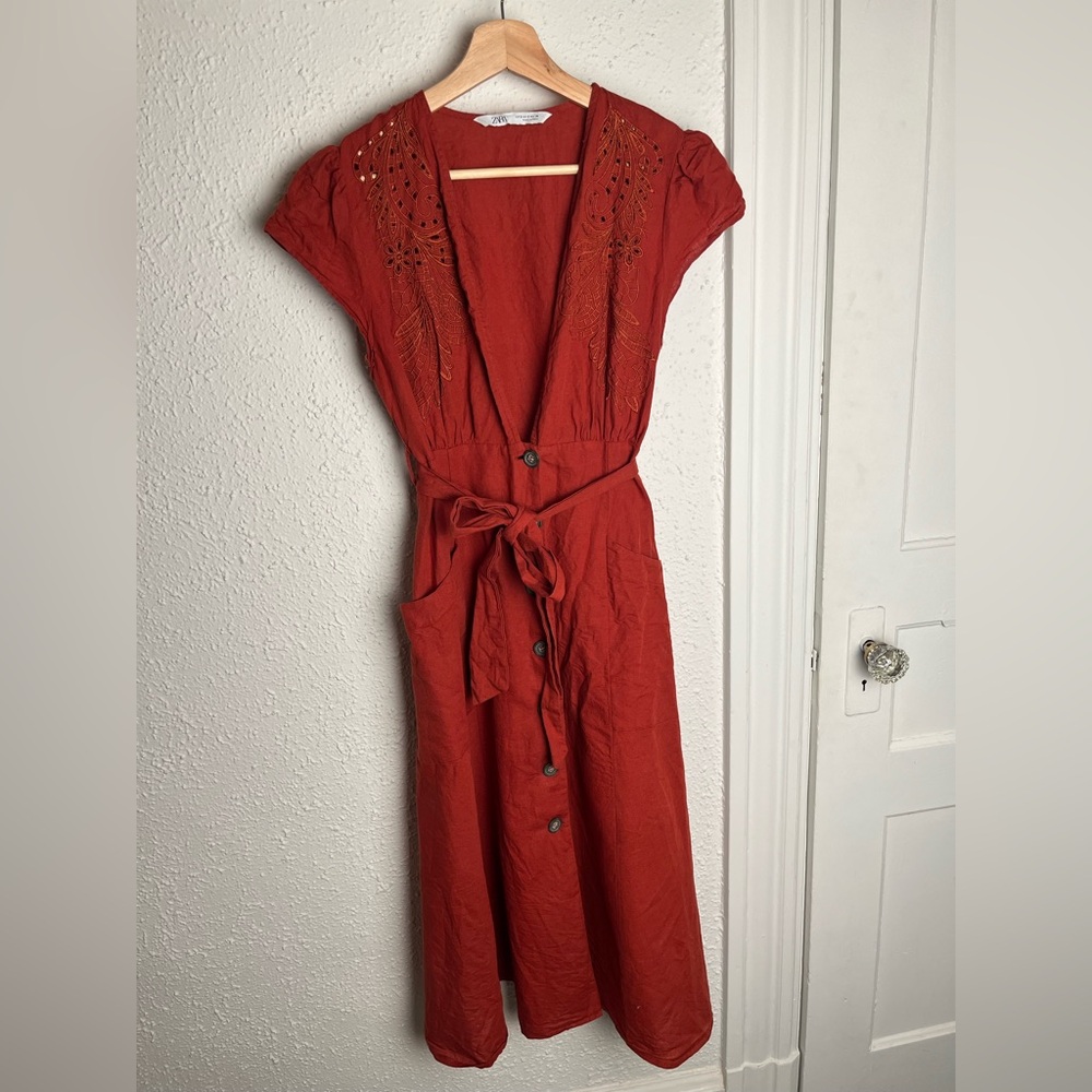 Zara Terracotta Embroidered Midi Dress